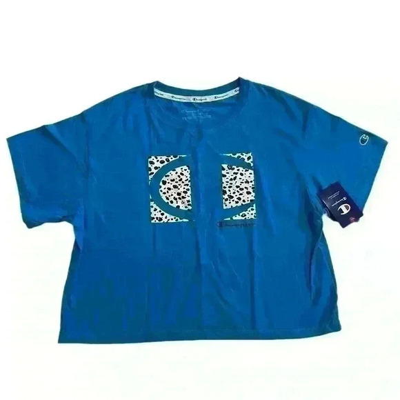 Champion Womens Cropped Graphic-Print T-Shirt Balboa Blue Size M-L - Picture 6 of 12